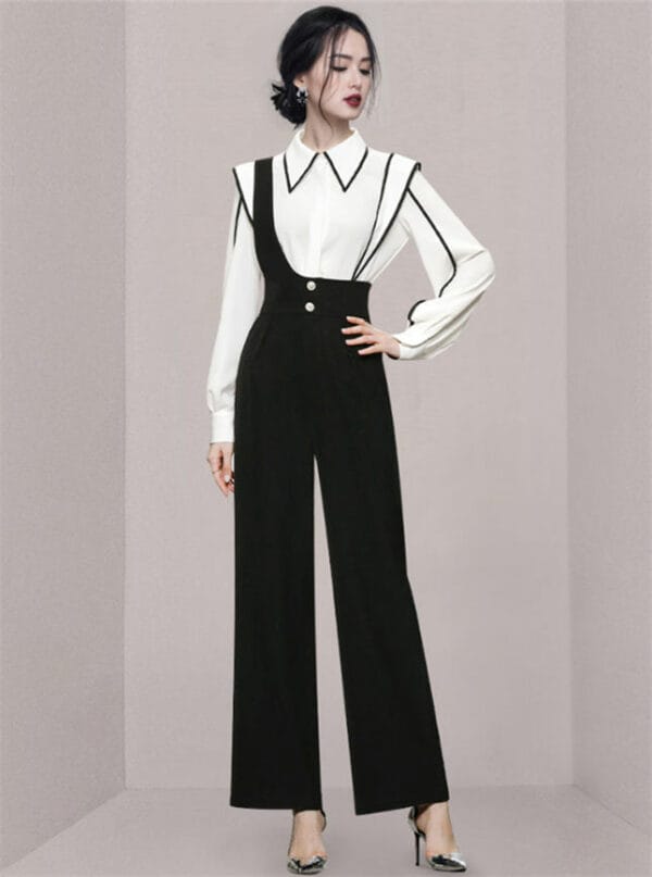 Modern Lady Doll Collar Blouse with High Waist Straps Jumpsuits 1