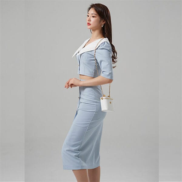 Modern Lady Doll Collar Single-breasted Slim Dress Set 4