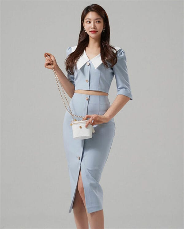 Modern Lady Doll Collar Single-breasted Slim Dress Set 2