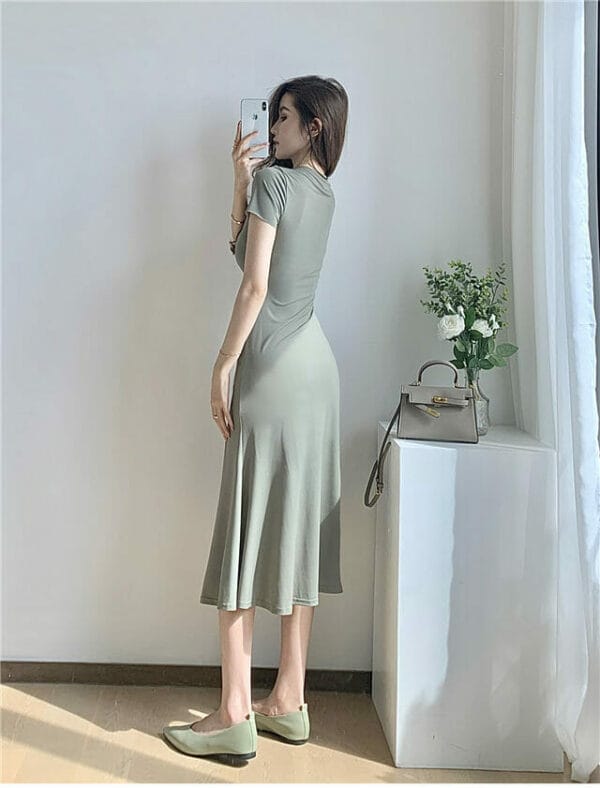 Modern Lady Draw-string Pleated V-neck Split Long Dress 5