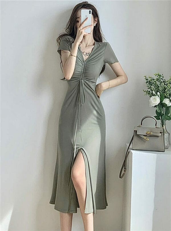Modern Lady Draw-string Pleated V-neck Split Long Dress 1