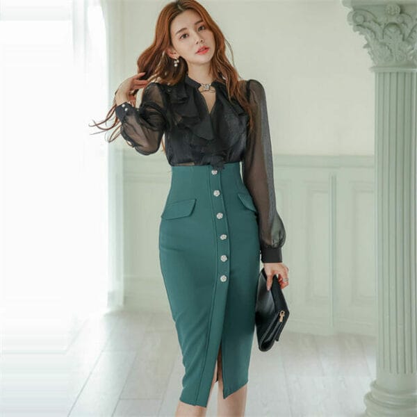 Modern Lady Flouncing Blouse with Single-breasted Split Skirt 4