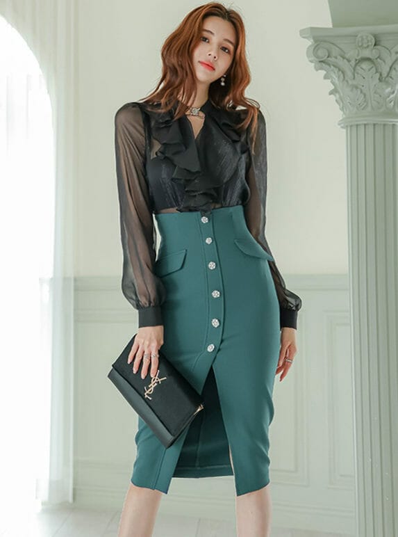 Modern Lady Flouncing Blouse with Single-breasted Split Skirt 1