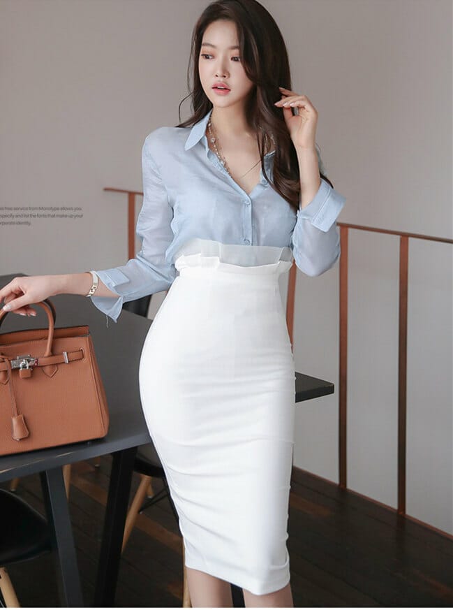 Modern Lady Flouncing High Waist Shirt Collar Dress Set • Seoulinspired