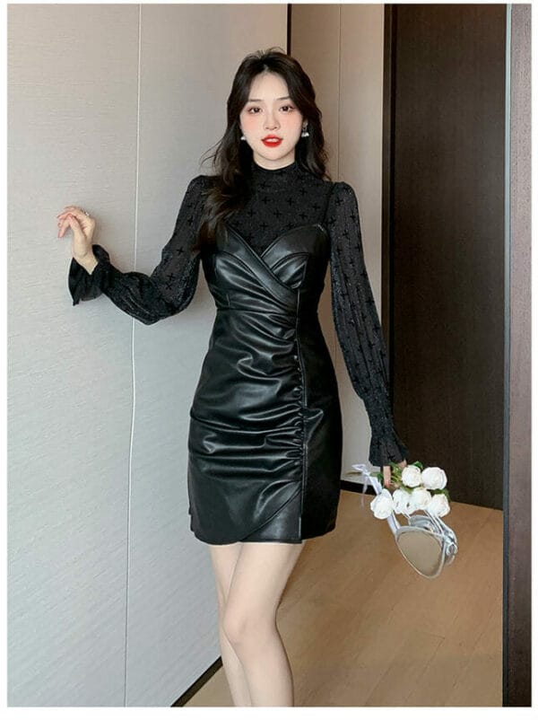 Modern Lady Gauze Blouse with Pleated Leather Straps Dress 4