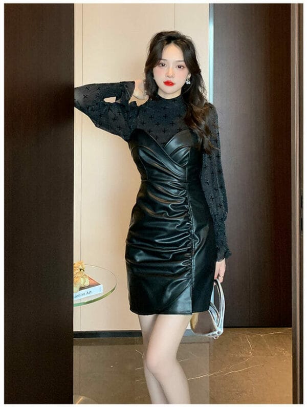 Modern Lady Gauze Blouse with Pleated Leather Straps Dress 2
