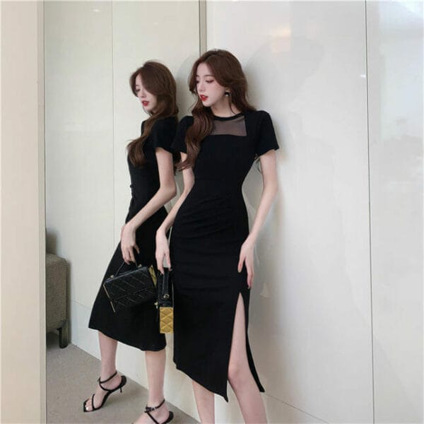 Modern Lady Gauze Bust High Waist Split Slim Dress 3