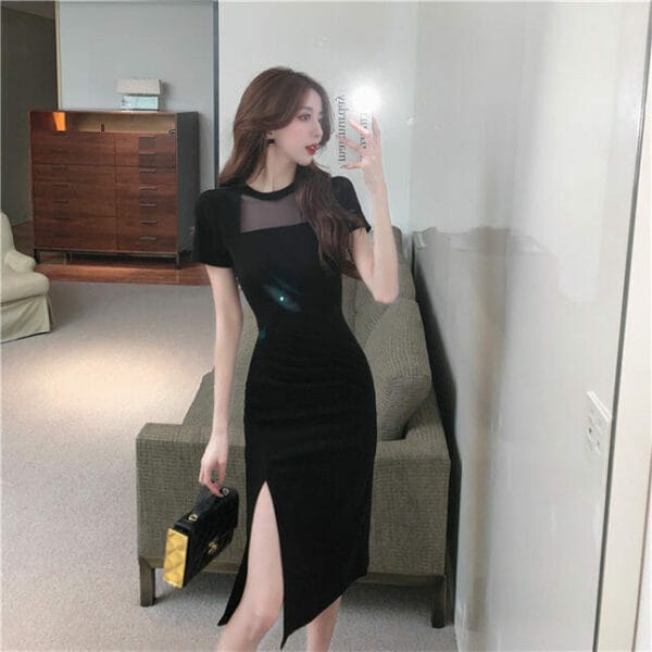 Modern Lady Gauze Bust High Waist Split Slim Dress 2