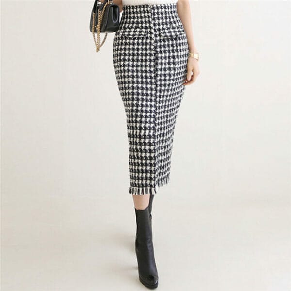Modern Lady Knitting Tops with Houndstooth Slim Long Skirt 5