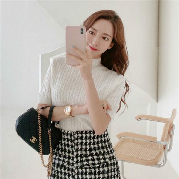 Modern Lady Knitting Tops with Houndstooth Slim Long Skirt 4