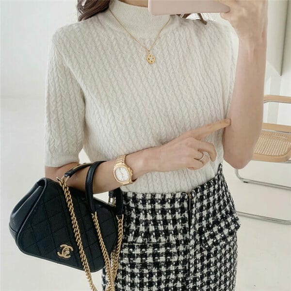 Modern Lady Knitting Tops with Houndstooth Slim Long Skirt 3