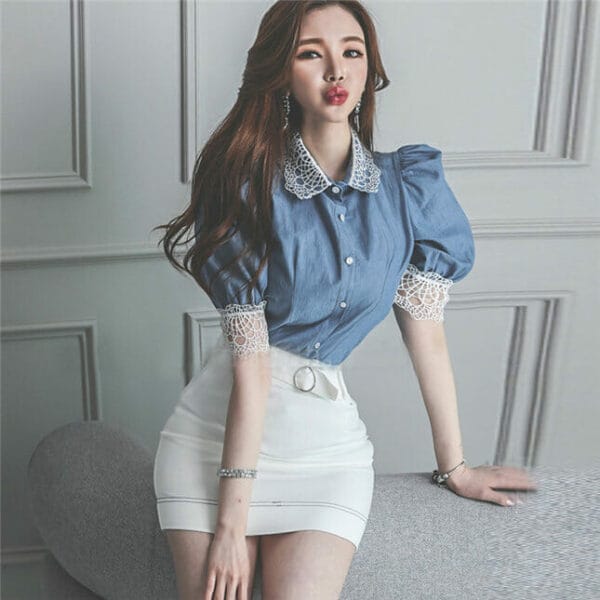 Modern Lady Lace Doll Collar Blouse with Skinny Skirt 3