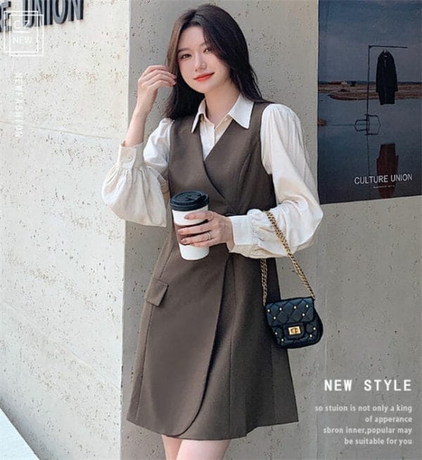 Modern Lady Long Sleeve Blouse with Buttons Waist Tank Dress 6
