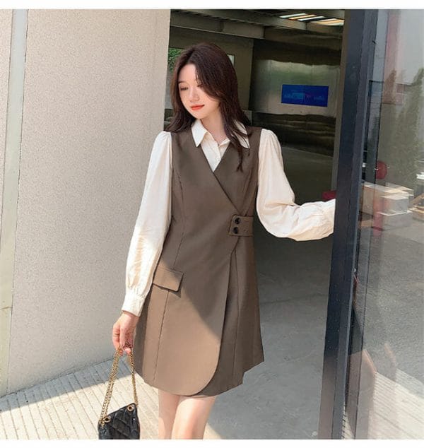 Modern Lady Long Sleeve Blouse with Buttons Waist Tank Dress 4