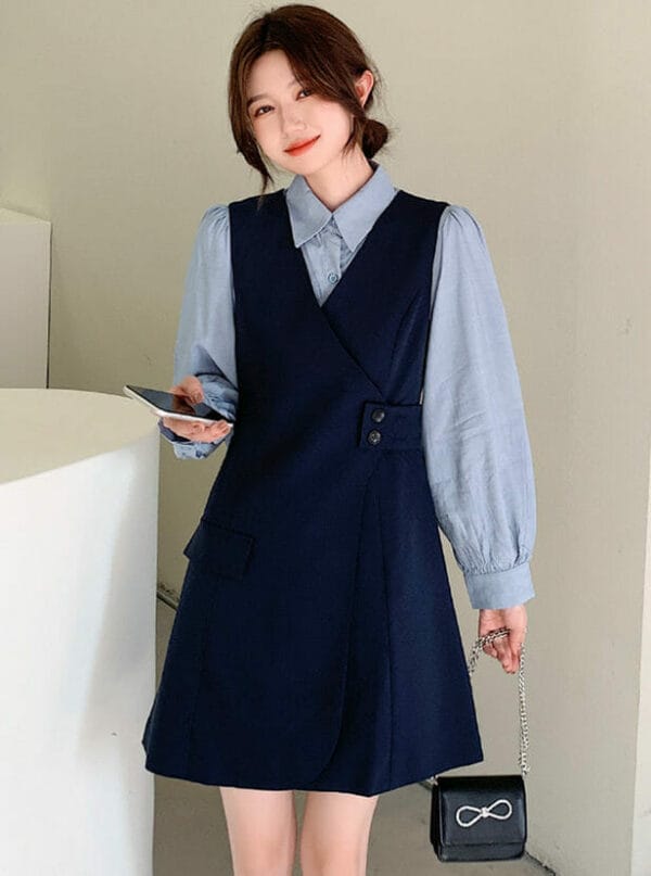 Modern Lady Long Sleeve Blouse with Buttons Waist Tank Dress 1