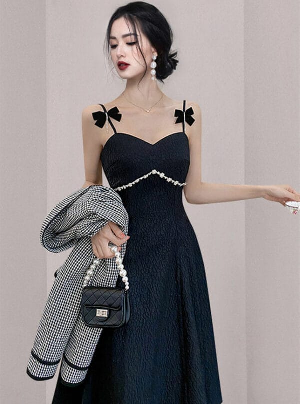 Modern Lady Plaids Jacket with Beads Straps A-line Dress 4