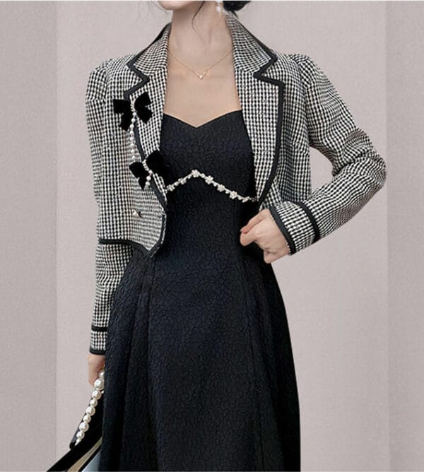 Modern Lady Plaids Jacket with Beads Straps A-line Dress 3