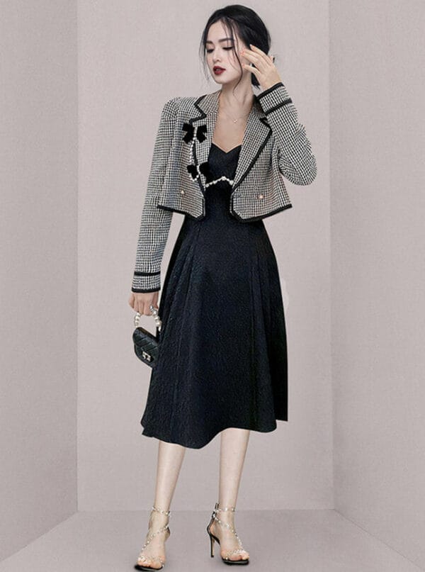 Modern Lady Plaids Jacket with Beads Straps A-line Dress 2