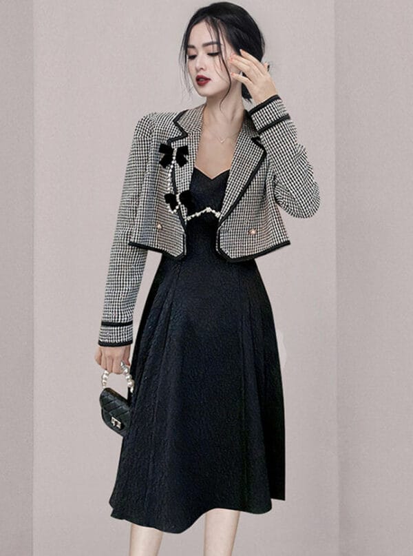 Modern Lady Plaids Jacket with Beads Straps A-line Dress 1