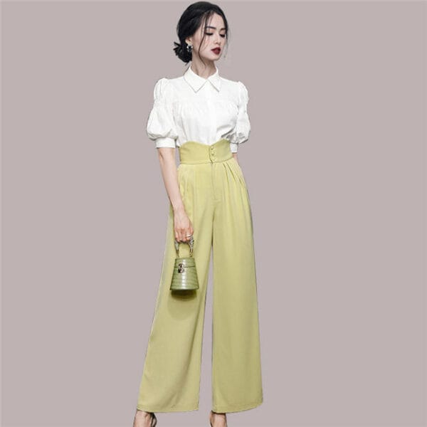 Modern Lady Puff Sleeve Blouse with High Waist Straps Long Pants 5