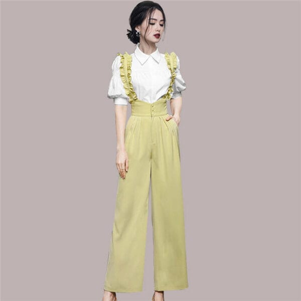 Modern Lady Puff Sleeve Blouse with High Waist Straps Long Pants 4