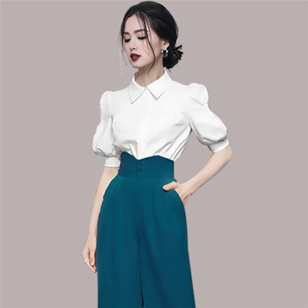 Modern Lady Puff Sleeve Blouse with High Waist Straps Long Pants 3