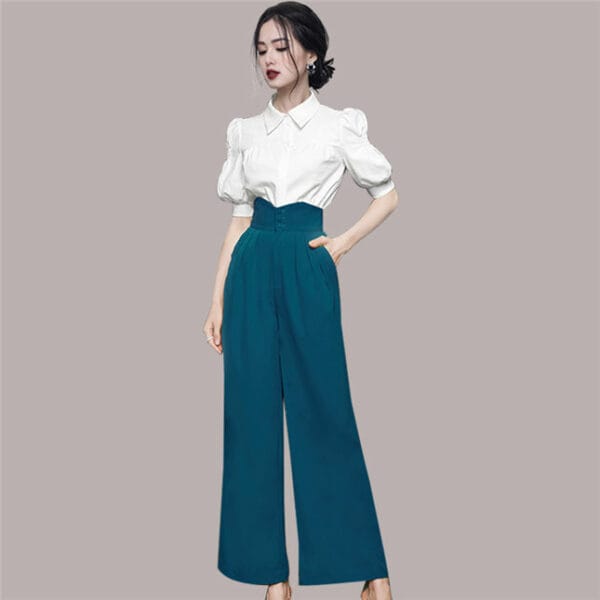 Modern Lady Puff Sleeve Blouse with High Waist Straps Long Pants 2
