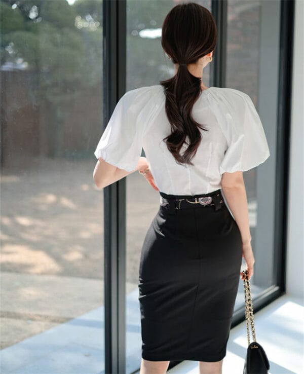 Modern Lady Puff Sleeve Blouse with Tie Waist Short Skirt 5