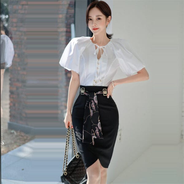 Modern Lady Puff Sleeve Blouse with Tie Waist Short Skirt 2