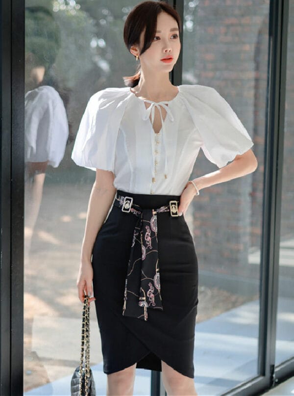 Modern Lady Puff Sleeve Blouse with Tie Waist Short Skirt 1