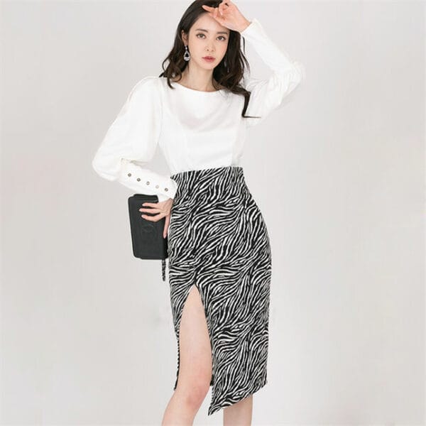 Modern Lady Puff Sleeve Blouse with Zebra Stripes Midi Skirt 1