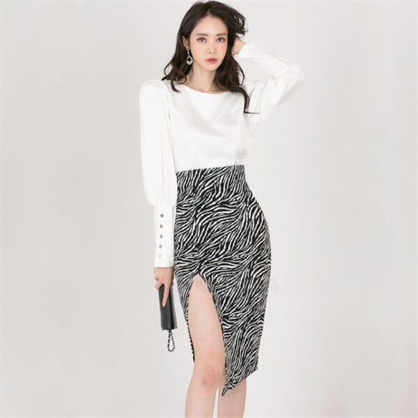 Modern Lady Puff Sleeve Blouse with Zebra Stripes Midi Skirt 2