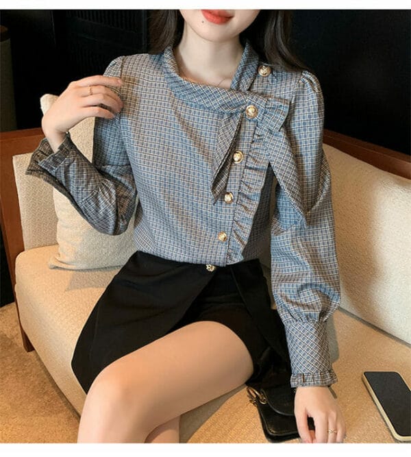 Modern Lady Single-breasted Bowknot Collar Plaids Blouse 3