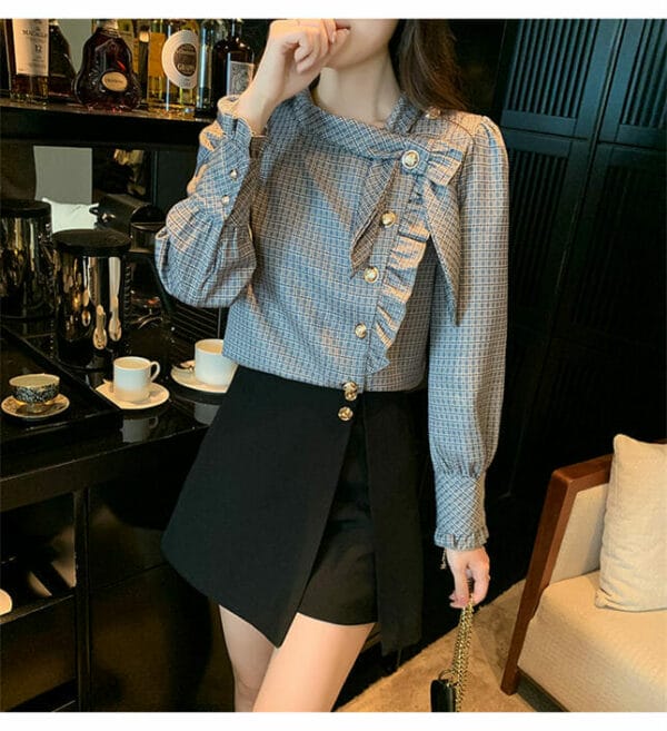 Modern Lady Single-breasted Bowknot Collar Plaids Blouse 2