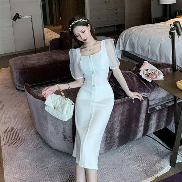Modern Lady Square Collar Gauze Sleeve Slim Dress 3