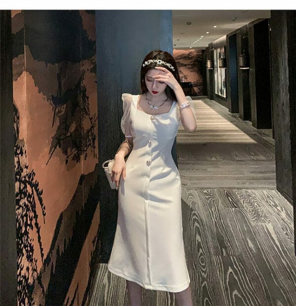 Modern Lady Square Collar Gauze Sleeve Slim Dress 2
