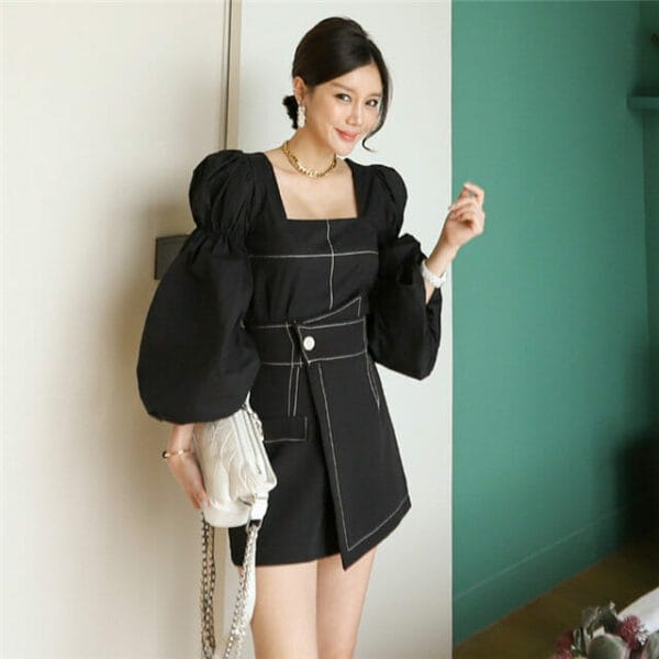 Modern Lady Square Collar Puff Sleeve Blouse with Short Pants 2