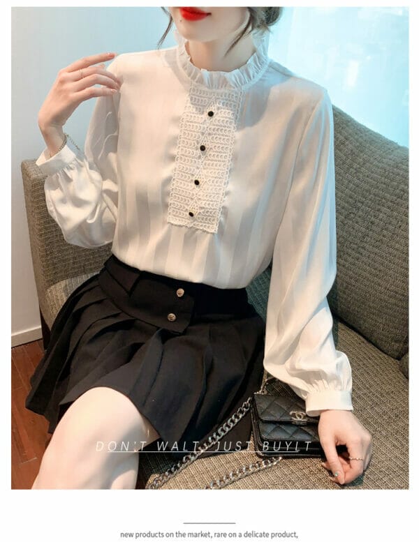 Modern Lady Stand Collar Lace Splicing Long Sleeve Blouse 4