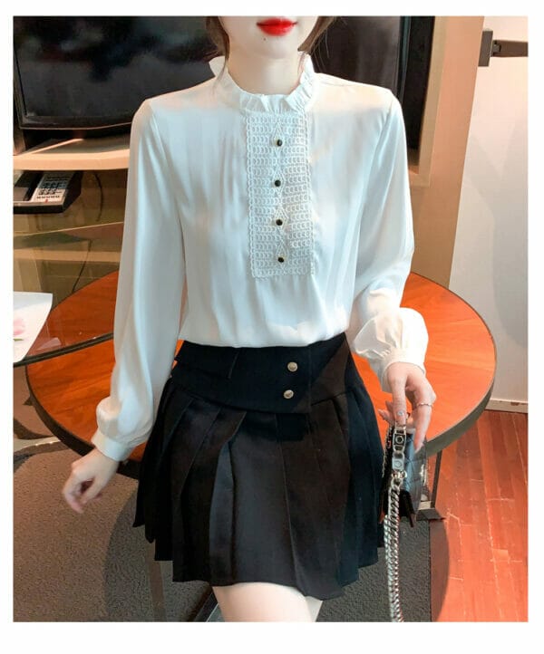 Modern Lady Stand Collar Lace Splicing Long Sleeve Blouse 3