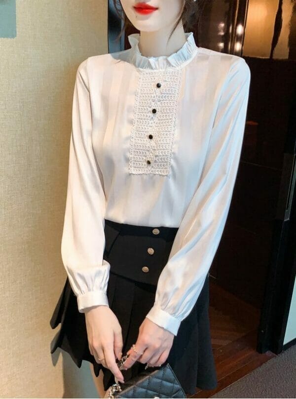 Modern Lady Stand Collar Lace Splicing Long Sleeve Blouse 1
