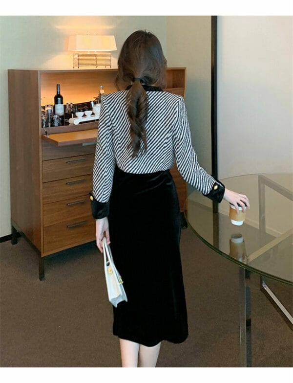 Modern Lady Stripes Short Coat with Straps Velvet Long Dress 5