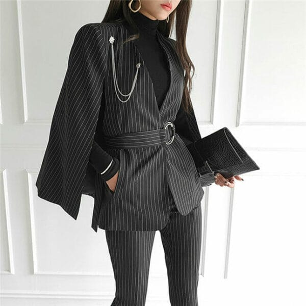 Modern Lady Stripes Wraps Coat with Slim Long Pants 4