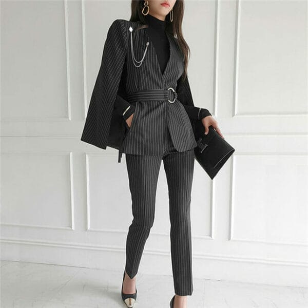 Modern Lady Stripes Wraps Coat with Slim Long Pants 3