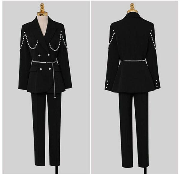 Modern Lady Tailored Collar Beads Jacket with Slim Long Pants 5