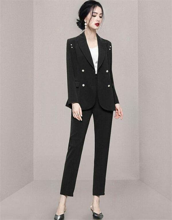 Modern Lady Tailored Collar Beads Jacket with Slim Long Pants 4