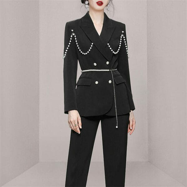 Modern Lady Tailored Collar Beads Jacket with Slim Long Pants 3