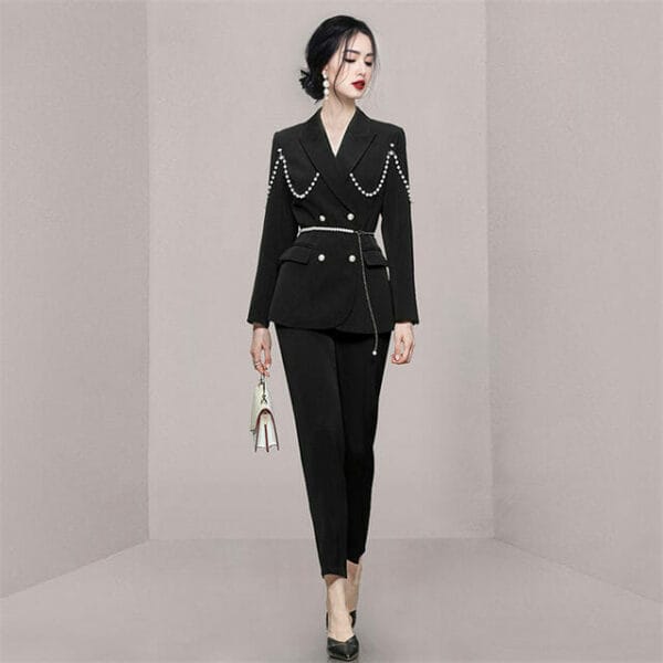 Modern Lady Tailored Collar Beads Jacket with Slim Long Pants 2
