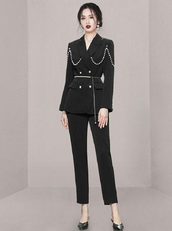 Modern Lady Tailored Collar Beads Jacket with Slim Long Pants 1