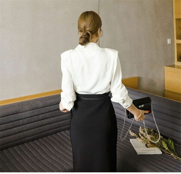 Modern Lady Tailored Collar Blouse with Slim Long Skirt 5