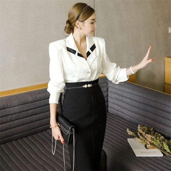 Modern Lady Tailored Collar Blouse with Slim Long Skirt 3